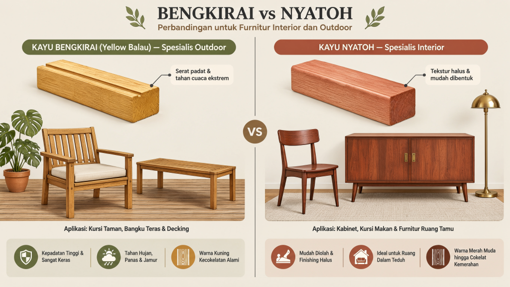 Bengkirai vs Nyatoh: Perbandingan untuk Furnitur Interior dan Outdoor 2 ✅ | Jualkayu 2026 Bengkirai vs Nyatoh: Mana yang Lebih Cocok untuk Furnitur?