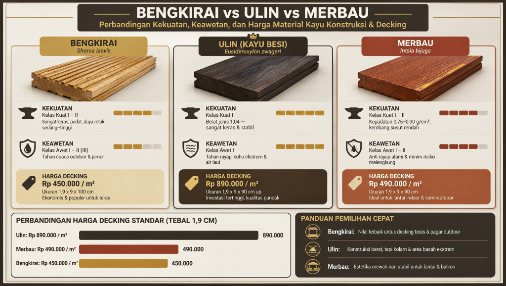 Perbandingan Tiga Raksasa Kayu: Bengkirai, Ulin, dan Merbau 1 ✅ | Jualkayu 2026 Bengkirai vs Ulin vs Merbau Perbandingan Kekuatan, Keawetan, dan Harga