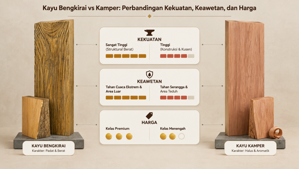 Kayu Bengkirai vs Kamper: Perbandingan Kekuatan, Keawetan, dan Harga 2 ✅ | Jualkayu 2026 Kayu Bengkirai vs Kayu Kamper Siapa Jawara Sebenarnya (1)
